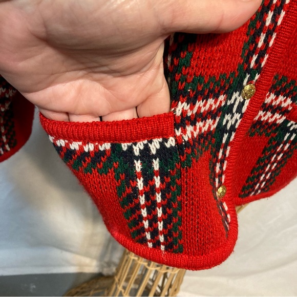 VINTAGE CRYSTAL-KOBE KNIT CARDIGAN SWEATER PLAID GOLD BUTTONS POCKETS SIZE MED - Picture 5 of 10